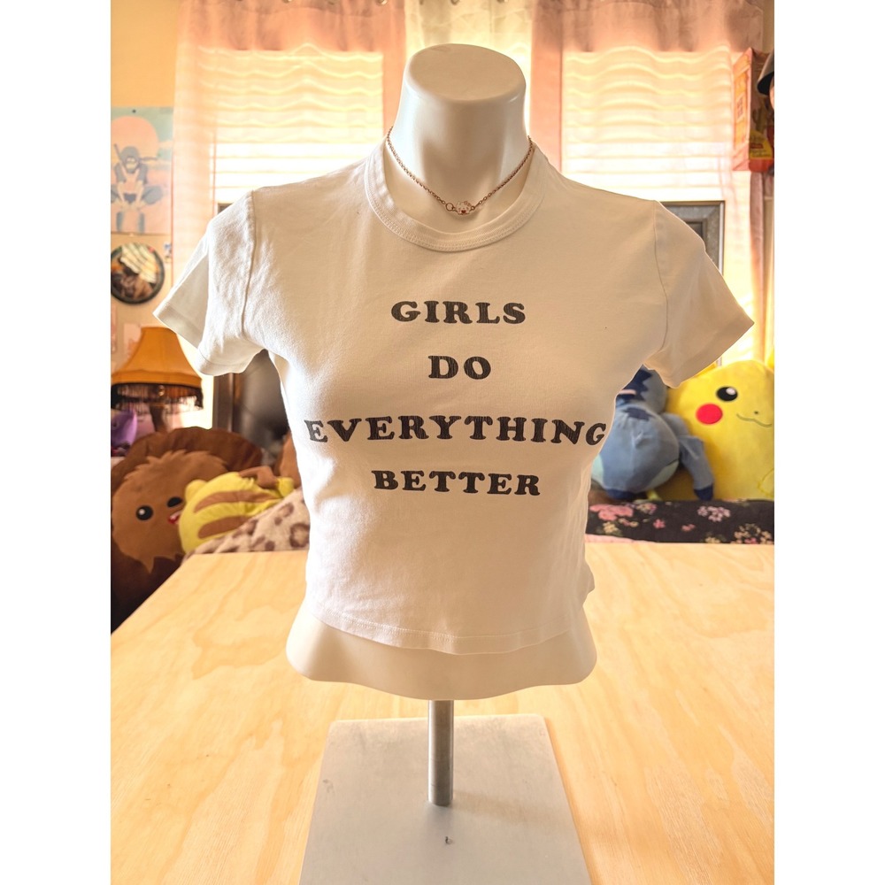 Y2K Future State Girls Do Everything Better Baby Tee White Cropped Shirt M